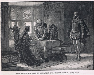 Mary ondertekent de akte van troonsafstand in Lochleven Castle 1568 door Henry Marriott Paget